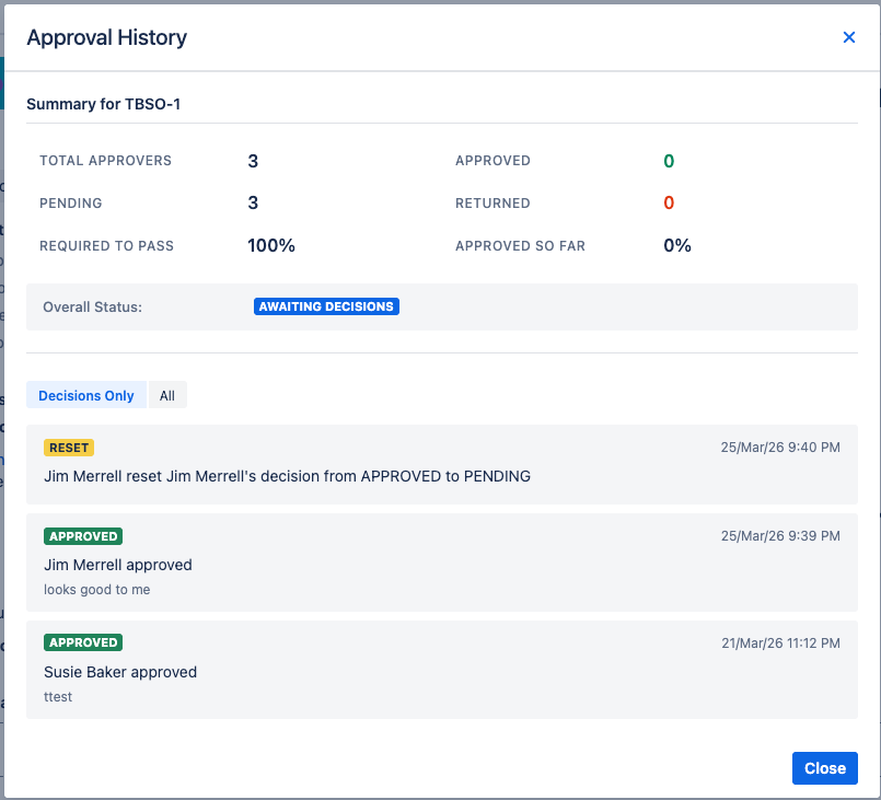 The expanded Audit History section on an issue showing a timeline of actions with actor names, action types, timestamps, and comments