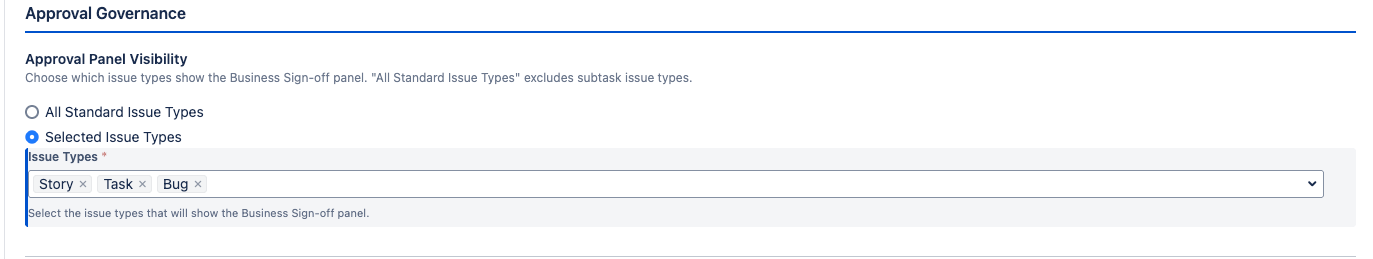 The Panel Visibility section showing "Selected Issue Types" selected with checkboxes for Bug, Story, Task, and Epic visible