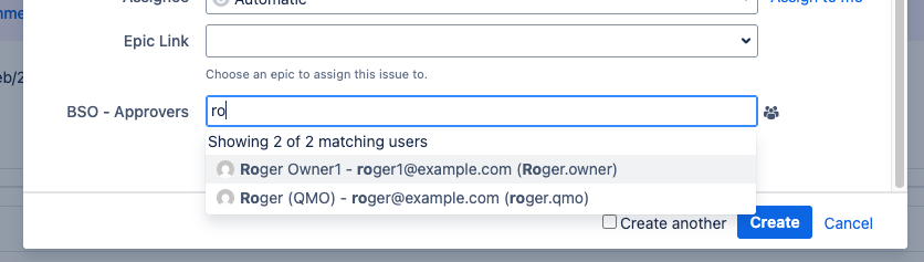 The Create Issue dialog showing the BSO - Approvers field with a Select2 type-ahead picker, displaying matching users with avatars and display names