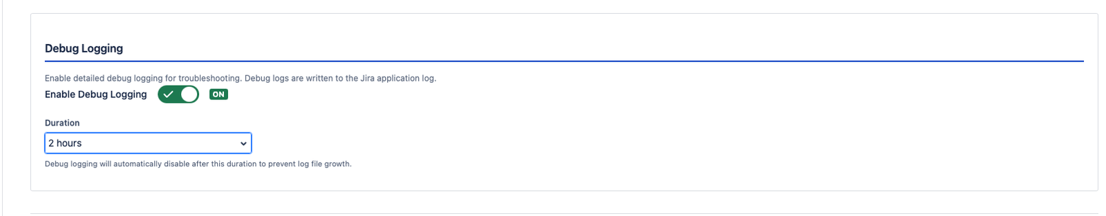 The Debug Logging section showing the toggle switch, the expiry duration dropdown, and the current status indicator