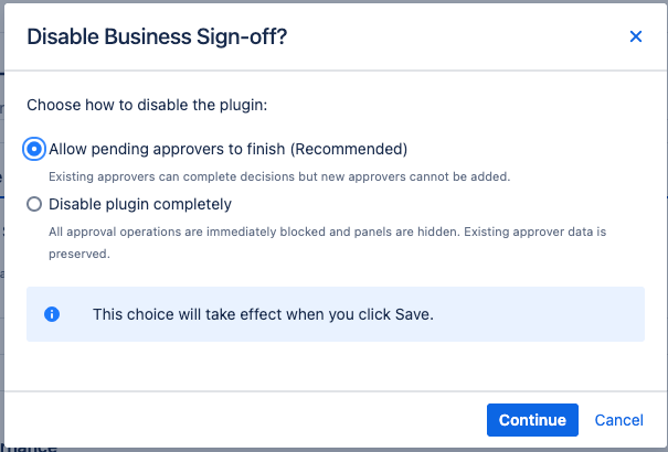 The disable confirmation dialog showing "Finishing Mode" options for handling issues with pending approvals across projects