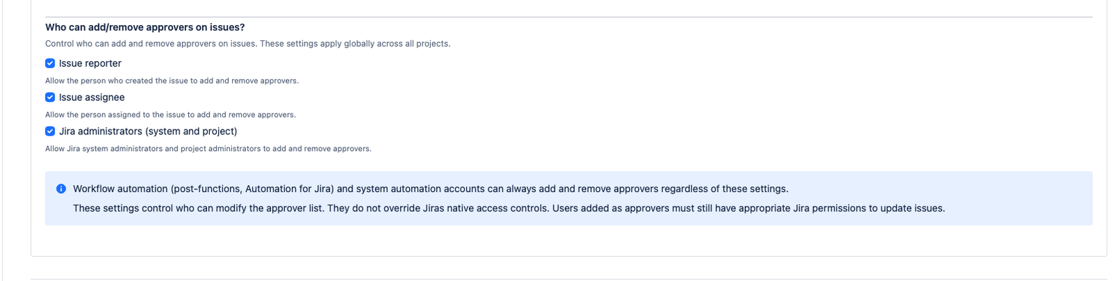 The Approver Management section showing three checkboxes for reporter, assignee, and administrator management permissions