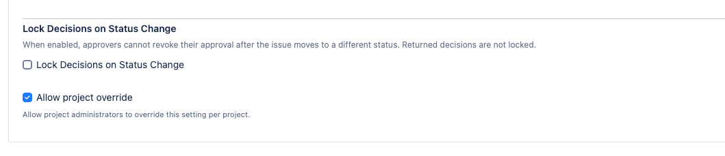 The Lock Decisions on Status Change section of the global config page showing the enable checkbox checked and the Allow project override checkbox