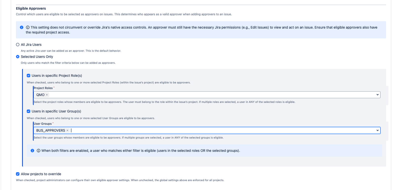 The Eligible Approvers section showing "Selected Users" mode selected, with the "Project Roles" filter enabled and two roles checked (Developers, Reviewers), and the "User Groups" filter enabled with one group checked (approvers-group)