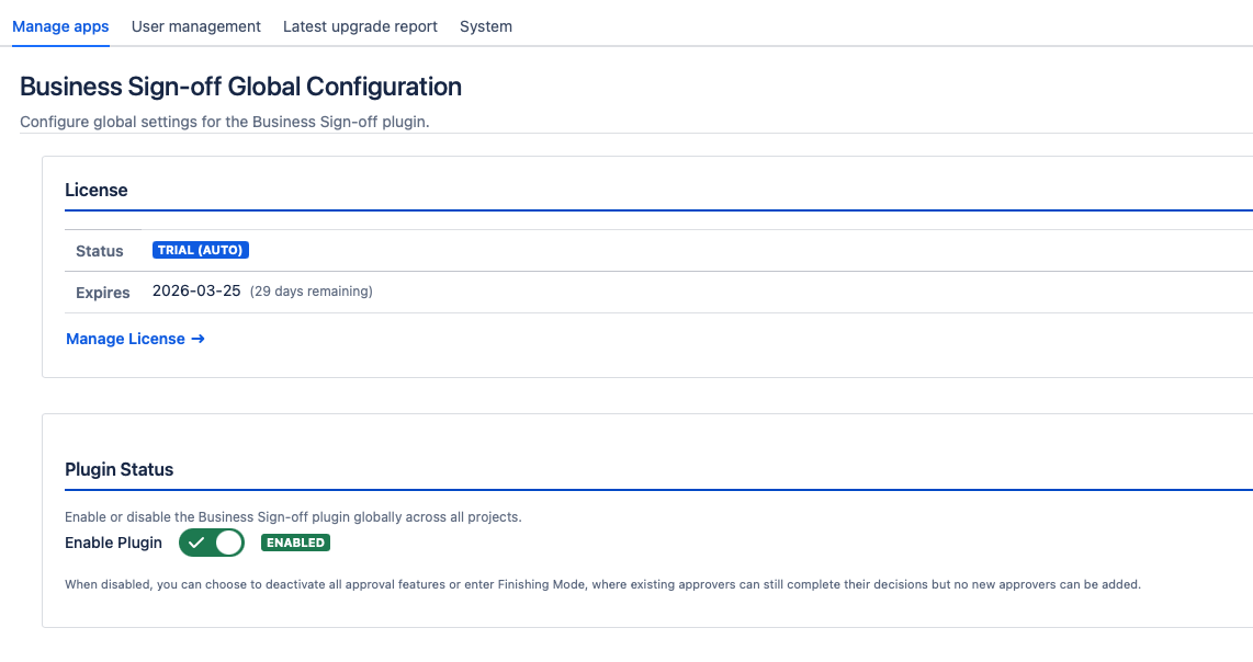 The global configuration page header showing the "Business Sign-off — Global Configuration" title, with the plugin enabled toggle at the top