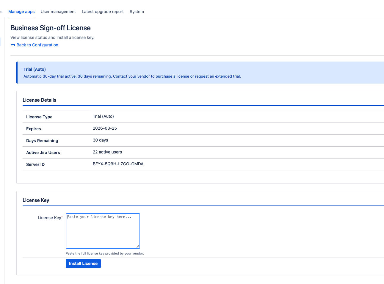 The License Administration page showing the license status banner, license details table, and the license key installation form