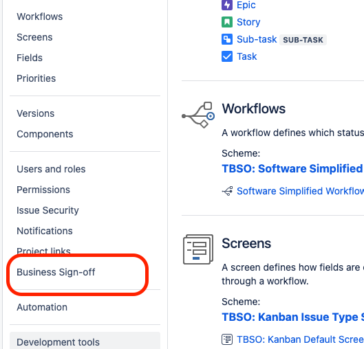 The Project Settings sidebar showing the "Business Sign-off" menu item, and the project configuration page with sections for Enable, Panel Visibility, and Approval Settings