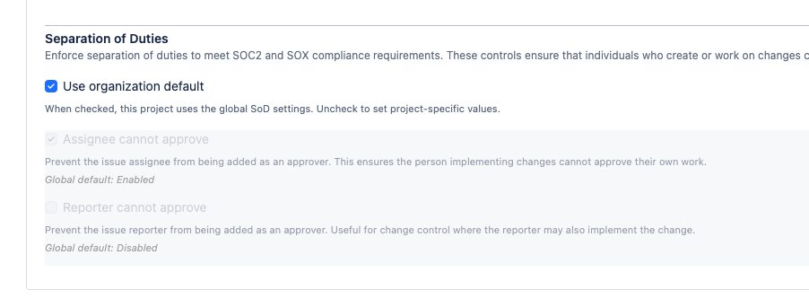 The project configuration page showing override sections with "Use Global Default" as the default selection and a dropdown to set a custom value