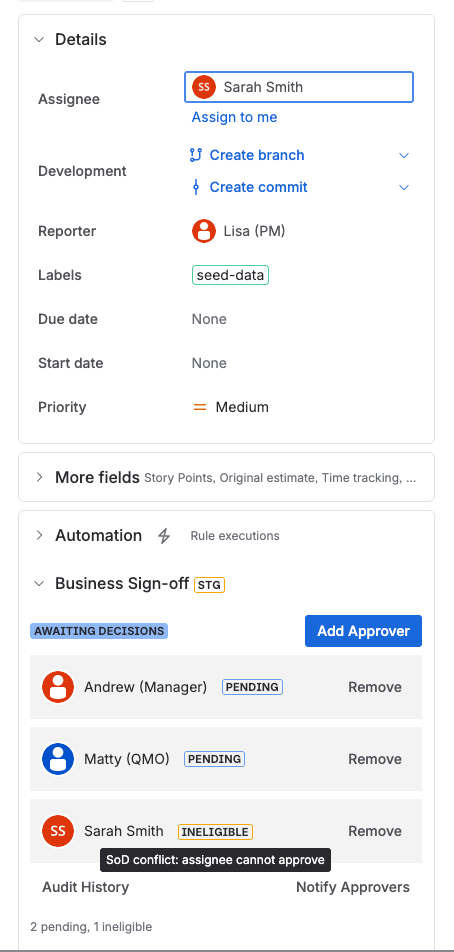 SoD violation shown in the issue panel