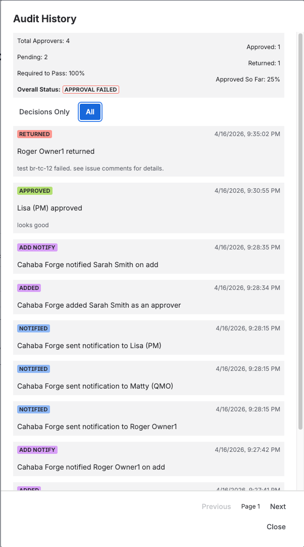 Audit history modal