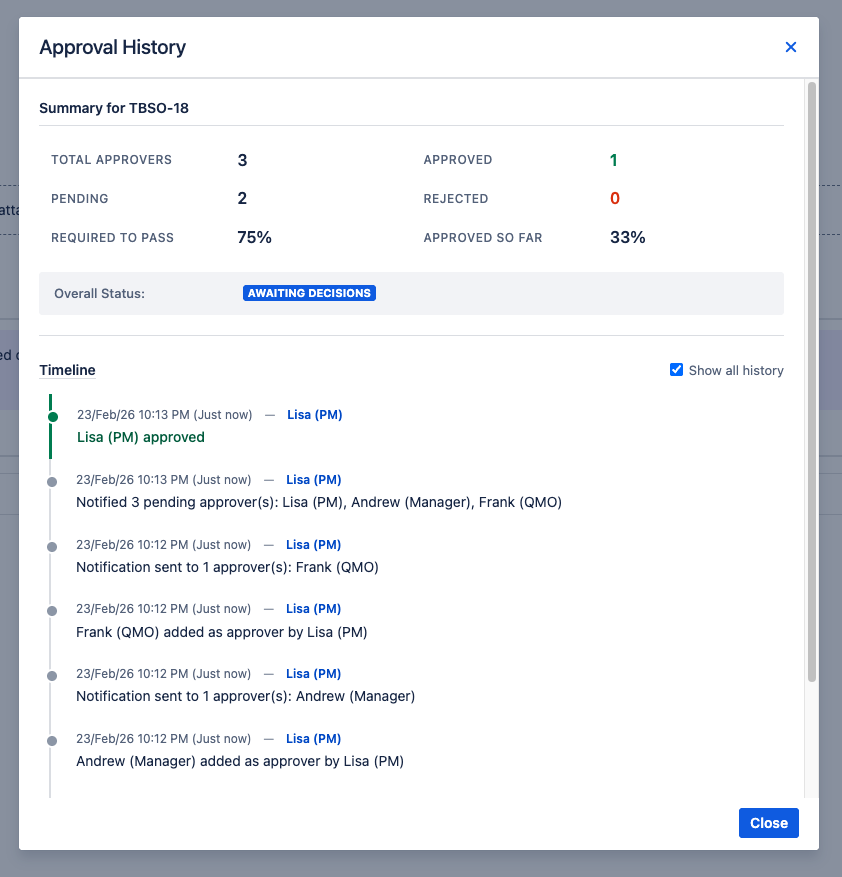 The expanded Audit History section on an issue showing a timeline of actions with actor names, action types, timestamps, and comments