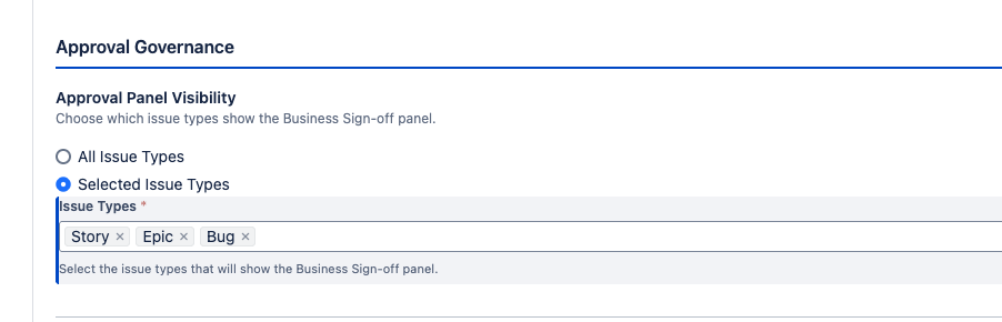 The Panel Visibility section showing "Selected Issue Types" selected with checkboxes for Bug, Story, Task, and Epic visible