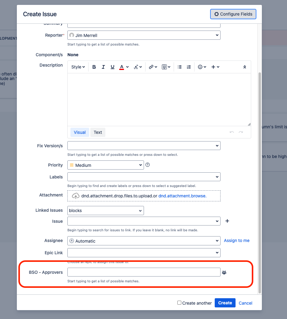 The Jira Screens administration page showing the Edit screen with "BSO - Approvers" field added, and the View screen with "BSO - Status" field added
