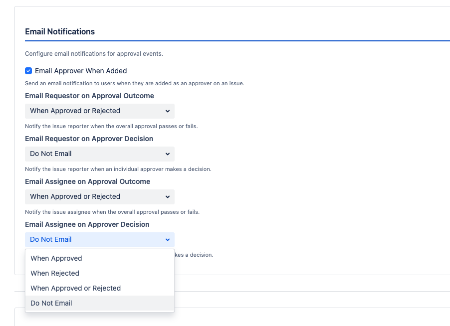 The project configuration Email Notifications section showing the checkbox for "Email approver when added" and dropdown selectors for outcome-based notifications