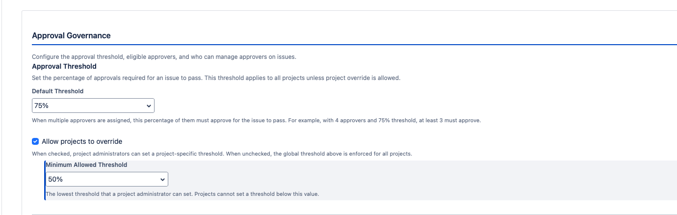 The Approval Threshold section of the global config page showing the threshold dropdown set to 75%, the "Allow project override" checkbox checked, and the minimum threshold dropdown set to 50%