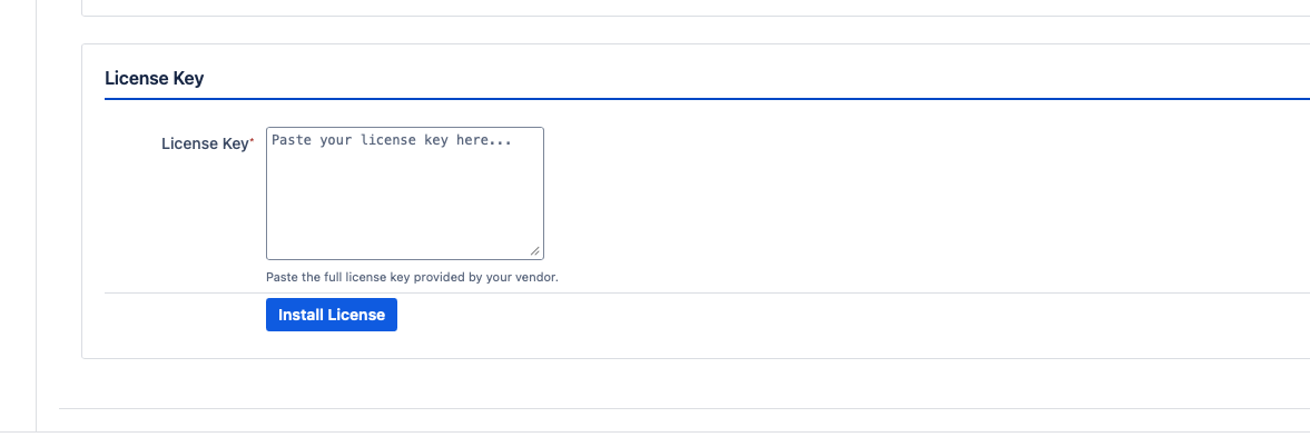The License Administration page showing the license key textarea with the Install button, and the license details table showing licensee, type, expiry date, seats, and server IDs