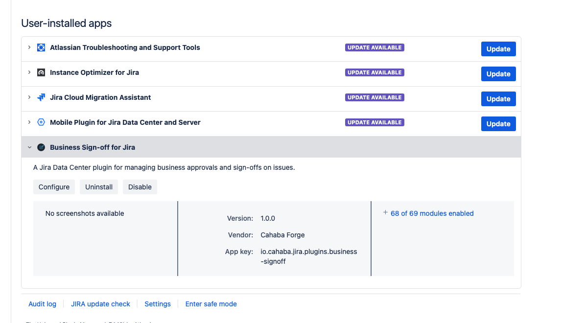 Jira "Manage Apps" page showing Business Sign-off Plugin listed as Enabled with the version number and Configure link visible