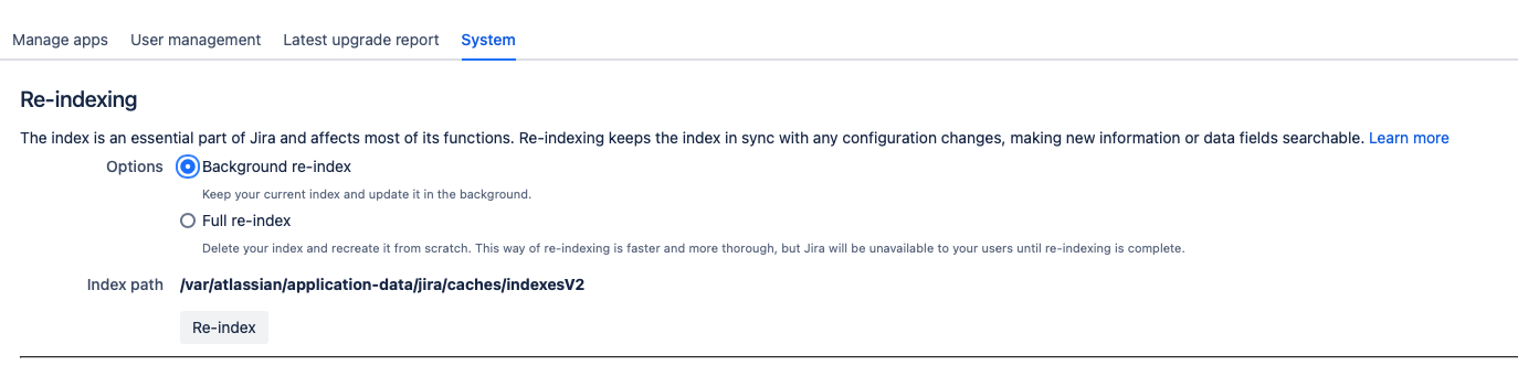 Jira System > Indexing page showing the re-index options with the foreground re-index button highlighted