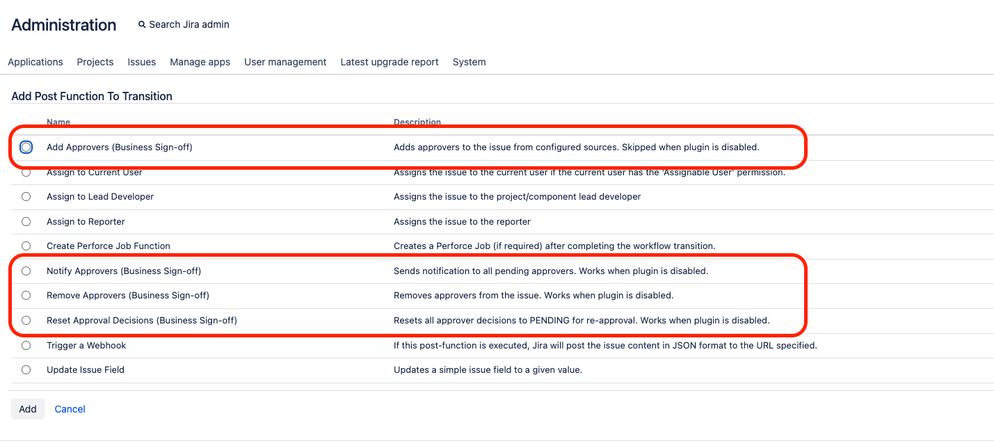 The workflow editor's "Add Post Function" dialog showing the four Business Sign-off post-functions listed